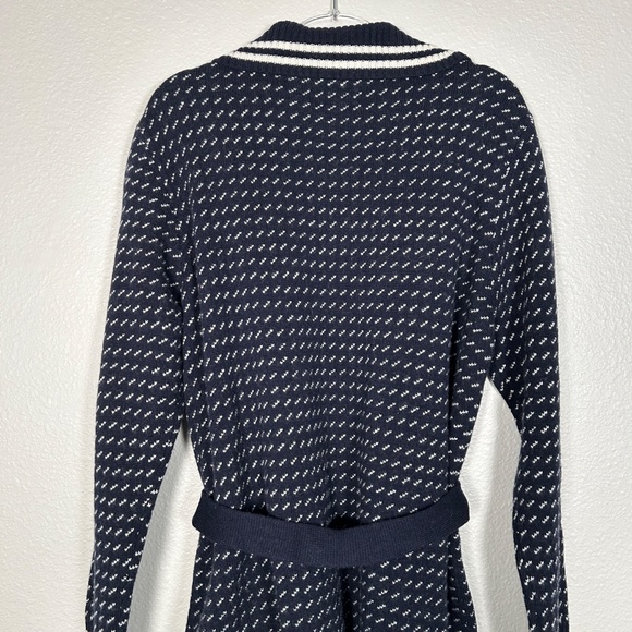LL Bean women size L signature wool blend long cardigan navy white belted NEW - Picture 9 of 15
